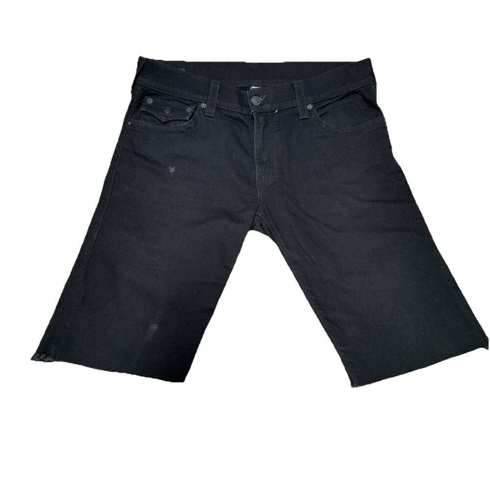 TRUE RELIGION Ricky Relax Straight Jean Shorts 36(38) Black Zip Fly Flap Cut Off